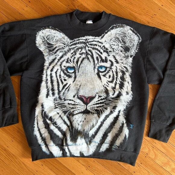 90s Vintage Snow Tiger Black Overprint Crewneck Pullover Sweatshirt Large Mens - Picture 4 of 5